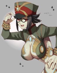 Rule 34 | 1girl, abs, boots, breasts, colored skin, fire, glasses, green skin, highres, large breasts, military, military uniform, muscular, newt (xenoblade), nintendo, revealing clothes, short hair, solo, thigh boots, thighhighs, uniform, xenoblade chronicles (series), xenoblade chronicles 2