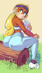 Rule 34 | 1girl, ass, back, blonde hair, blue eyes, breasts, cloudman (artist), donkey kong (series), drink, drinking straw, furry, furry female, headband, highres, large breasts, legs, long hair, looking at viewer, looking back, midriff, monkey, monkey girl, nintendo, pants, scrunchie, shoes, sidelocks, sitting, sneakers, sweat, thick lips, thighs, tiny kong, twintails, very long hair, yoga pants