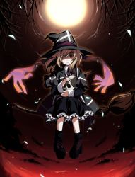 Rule 34 | 1girl, blonde hair, boots, broom, brown eyes, dark persona, dress, female focus, full moon, hair over one eye, hat, kirisame marisa, long sleeves, moon, namatarou, shaded face, short hair, skull, solo, touhou, witch, witch hat