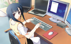 Rule 34 | 1girl, black hair, chair, computer, drink, fingernails, flower, glass, hair ornament, hairclip, highres, instrument, izumi rikka, keyboard, keyboard (computer), laptop, leaf, looking back, monitor, mouse (computer), mousepad, mousepad (object), original, pantyhose, pantyhose under shorts, plant, primitive link, red eyes, shorts, solo, white pantyhose