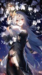 Rule 34 | 1girl, absurdres, alternate costume, asymmetrical clothes, black dress, black nails, black thighhighs, branch, capelet, dress, eyeliner, flower, fu hua, fu hua (herrscher of sentience), fur-trimmed capelet, fur trim, grey hair, hair between eyes, hair ornament, hand up, highres, honkai (series), honkai impact 3rd, jewelry, jingwei (bird), long hair, looking at object, makeup, mangzhi yaoyao, multicolored hair, night, open mouth, red eyeliner, red eyes, side slit, single sleeve, sleeveless, sleeveless dress, solo, streaked hair, tassel, thighhighs, thighs, tree, white flower, white hair, white sleeves, yellow pupils