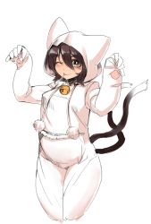 Rule 34 | 1girl, anchors (mono eye os), animal costume, animal ears, bell, blush, brown hair, cat ears, cat tail, chen, highres, multiple tails, one eye closed, pajamas, short hair, simple background, sketch, smile, solo, tail, touhou, white background