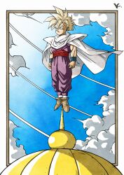 Rule 34 | 1boy, blonde hair, blue sky, border, brown footwear, cape, clenched hands, closed mouth, cloud, commentary request, day, dragon ball, dragonball z, full body, green eyes, highres, initial, jumpsuit, kakeru (dbskakeru), male focus, on roof, outdoors, purple jumpsuit, red sash, sash, serious, shoes, sky, solo, son gohan, spiked hair, standing, super saiyan, toriyama akira (style), white border, white cape