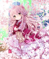 Rule 34 | 1girl, animal ears, black ribbon, bow, brick wall, cat ears, dress, floral background, flower, frilled dress, frilled sleeves, frills, hair between eyes, hair flower, hair ornament, hair ribbon, indoors, light smile, long dress, long hair, long sleeves, looking at viewer, nanase kureha, nanase nao, original, parted lips, petals, pink bow, pink flower, ribbon, solo, standing, too many, too many flowers, very long hair, wide sleeves, window