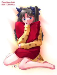 Rule 34 | 00s, 1girl, barefoot, blush, candy, fate/stay night, fate (series), feet, food, kneeling, long legs, hugging object, official alternate costume, pajamas, pillow, pillow hug, solo, tohsaka rin, twintails, two side up, yoshida inuhito