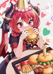 Rule 34 | 1girl, absurdres, blue archive, burger, candle, cola, commentary, demon girl, demon horns, demon wings, dress, eating, food, french fries, halo, hat, highres, holding, holding food, horns, ice, ice cube, junko (blue archive), low wings, movcat, party hat, pink eyes, red hair, short sleeves, solo, tearing up, twintails, wings