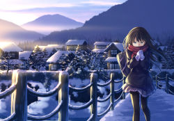 Rule 34 | 1girl, bag, black pantyhose, blue eyes, bridge, brown hair, coat, forest, house, long hair, mittens, mountain, nature, original, outdoors, pantyhose, scarf, school uniform, skirt, snow, solo, town, tree, winter clothes, yasuno (airy light)