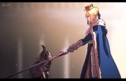 Rule 34 | 2girls, ahoge, applechoc, armor, artoria pendragon (all), artoria pendragon (fate), blonde hair, cape, clarent (fate), crown, fate/apocrypha, fate/stay night, fate (series), from side, highres, horns, kneeling, knighting, looking at another, mordred (fate), mordred (fate/apocrypha), multiple girls, ribbon, saber (fate), signature, sunlight, sword, twitter username, weapon