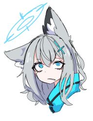 Rule 34 | 1girl, animal ear fluff, animal ears, blue archive, blue eyes, blue scarf, cropped shoulders, cross, cross hair ornament, dr yamero, grey hair, hair ornament, halo, highres, inverted cross, medium hair, mismatched pupils, portrait, scarf, shiroko (blue archive), simple background, solo, wolf ears