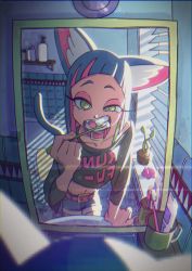 Rule 34 | animal ear fluff, animal ears, bathroom, belt, brushing teeth, cat ears, cat tail, collar, commentary request, crop top, eyeshadow, green eyes, hanabushi, highres, makeup, mirror, open mouth, original, pink belt, pink collar, reflection, shorts, solo, tail, toothbrush, toothbrush in mouth, toothpaste, window blinds, window shutter