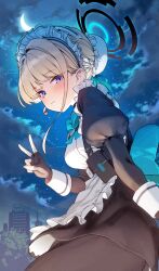 Rule 34 | absurdres, apron, black gloves, black skirt, blonde hair, blue archive, blue bow, blue bowtie, blue eyes, blue ribbon, blush, bow, bowtie, braid, bun cover, chest harness, crescent moon, earpiece, fingerless gloves, from below, from side, gloves, hair intakes, hair ribbon, halo, harness, highres, juliet sleeves, long sleeves, maid, maid headdress, marse (rokudaime), moon, multicolored hair, night, night sky, outdoors, puffy sleeves, ribbon, skirt, sky, streaked hair, toki (blue archive), turtleneck, v, white apron
