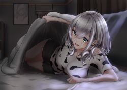 Rule 34 | 1girl, :d, absurdres, animal print, blanket, breasts, cow print, green eyes, hair between eyes, highres, hololive, kagamimaru, large breasts, lifting covers, open mouth, shirogane noel, short hair, shorts, silver hair, smile, solo, under covers, virtual youtuber