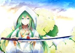 Rule 34 | 1girl, closed mouth, cloud, floral print, flower, fudo shin, green eyes, green hair, hands up, highres, himetsuru ichimonji (tenka hyakken), holding, holding sword, holding weapon, hood, hydrangea, japanese clothes, kimono, leaf, looking at viewer, open hands, shiromuku, sidelocks, sky, smile, solo, straight-on, sword, tachi (weapon), tassel, tenka hyakken, uchikake, wataboushi, weapon, wide sleeves