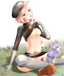 Rule 34 | 00s, 1girl, bad id, bad pixiv id, belt, black hat, breasts, butterfly sitting, cabbie hat, clothes lift, clothes writing, comugico, creatures (company), game freak, gen 1 pokemon, gloves, grey gloves, groin, hat, hot, looking at viewer, microskirt, navel, nintendo, no bra, npc trainer, on grass, open mouth, outdoors, panties, pantyshot, pink eyes, pink hair, poke ball, poke ball (basic), pokemon, pokemon (creature), pokemon hgss, rattata, short hair, sitting, skirt, solo focus, sweat, sweater, sweater lift, team rocket, team rocket grunt, underboob, underwear, uniform, white panties