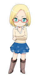 1girl blonde_hair chibi claudia_madobe earrings female_focus glasses highres jewelry microsoft_windows red-framed_eyewear semi-rimless_eyewear simple_background solo sweater under-rim_eyewear