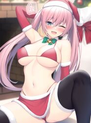 Rule 34 | 1girl, absurdres, arm up, armpits, bare shoulders, bikini, black thighhighs, blue eyes, blush, bow, bowtie, breasts, commentary request, green bow, green bowtie, hanpenmaru, hat, highres, large breasts, long hair, looking at viewer, navel, one eye closed, open mouth, original, panties, pink hair, red bikini, red hat, red panties, red skirt, santa hat, sideboob, sitting, skirt, smile, solo, swimsuit, thighhighs, twintails, underboob, underwear