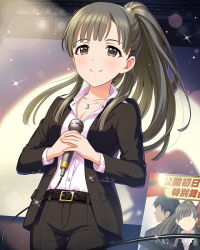 Rule 34 | 10s, 1girl, alternate costume, artist request, belt, black eyes, black hair, black pants, faceless, faceless male, formal, idolmaster, idolmaster cinderella girls, jewelry, kobayakawa sae, microphone, necklace, official art, open clothes, pant suit, pants, ponytail, shirt, solo, suit, white shirt