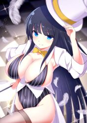 Rule 34 | 1girl, areola slip, betterthanbone2, black hair, black leotard, black thighhighs, blue eyes, blush, bow, bowtie, breasts, cleavage, closed mouth, covered navel, falling feathers, feathers, groin, hat, hat tip, hime cut, holding, holding wand, huge breasts, ikaruga (senran kagura), leotard, light particles, long hair, looking at viewer, magician, senran kagura, sidelocks, skindentation, smile, solo, sparkle, striped clothes, striped leotard, thighhighs, tile floor, tiles, top hat, vertical-striped clothes, vertical-striped leotard, very long hair, waistcoat, wand, white feathers, white hat, yellow bow, yellow bowtie