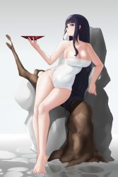 Rule 34 | 1girl, bare shoulders, bare tree, barefoot, black hair, blunt bangs, breasts, cleavage, closed mouth, collarbone, cup, feet, full body, genshin impact, groin, highres, holding, holding cup, large breasts, leaning to the side, long hair, naked towel, purple eyes, raiden shogun, sakazuki, solo, straight hair, thighs, towel, tree, very long hair, zerotwenty (020)