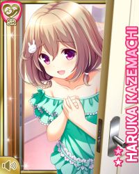 Rule 34 | 1girl, :d, barefoot, bedroom, brown hair, rabbit hair ornament, card (medium), character name, collarbone, cyan bow, day, girlfriend (kari), hair ornament, hairclip, indoors, kazemachi haruka, looking at viewer, official art, open mouth, pillow, pink eyes, qp:flapper, short hair, short sleeves, sleepwear, smile, solo, standing, tagme