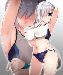 Rule 34 | 1girl, alternate costume, arm under breasts, arm up, armpits, arms behind head, arms up, bare arms, bare shoulders, blue eyes, blush, breasts, closed mouth, collarbone, commentary request, covered erect nipples, cowboy shot, gluteal fold, gradient background, grey background, groin, gym uniform, hair ornament, hair over one eye, hairclip, hamakaze (kancolle), hand on own chest, highres, kantai collection, large breasts, looking at viewer, multiple views, navel, open mouth, short hair, silver hair, simple background, sleeveless, sports bra, sportswear, steam, steaming body, stomach, sweat, thighs, wristband, yoshi tama