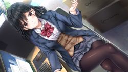 Rule 34 | 1girl, ai kiss 2, black hair, blush, bow, bowtie, box, brown eyes, chair, closed mouth, computer, crossed legs, female focus, from above, game cg, giga (company), hand up, indoors, jacket, kanno junko, keyboard (computer), kirisawa saki, legs, light blush, looking at viewer, medium hair, monitor, mouse (computer), original, pantyhose, school uniform, serious, sitting, skirt, solo, thighs