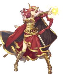 Rule 34 | 1girl, alternate costume, armor, armored boots, belt, boots, breasts, cape, celica (fire emblem), cleavage, earrings, female focus, fire emblem, fire emblem echoes: shadows of valentia, fire emblem heroes, full body, fur trim, hairband, highres, jewelry, long hair, magic, matching hair/eyes, nintendo, official art, red eyes, red hair, shield, solo, sparkle, sword, teeth, transparent background, umiu geso, weapon