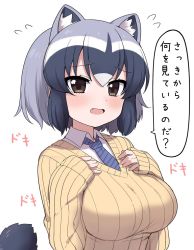 Rule 34 | 1girl, alternate costume, animal ear fluff, animal ears, beige sweater, blue hair, blue necktie, blush, brown eyes, collared shirt, commentary request, common raccoon (kemono friends), extra ears, fang, grey hair, kemono friends, long sleeves, multicolored hair, necktie, open mouth, raccoon ears, raccoon tail, ransusan, shirt, short hair, sidelocks, sleeves past wrists, solo, striped necktie, striped neckwear, sweater, tail, translation request, white hair, white shirt