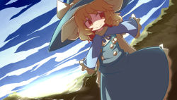 Rule 34 | 1girl, bad id, bad pixiv id, blonde hair, bow, braid, capelet, dress, female focus, hakika, hat, hat bow, kirisame marisa, landscape, long hair, mountain, red eyes, sky, smile, solo, touhou, witch hat