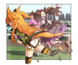 Rule 34 | 3girls, animal ears, ass, boots, clenched teeth, dirt, from yaneura, gloves, highres, horse ears, horse girl, horse tail, jacket, long hair, looking at another, marvelous sunday (umamusume), mayano top gun (umamusume), multiple girls, open mouth, orange hair, racetrack, running, surprised, tail, teeth, umamusume, yellow eyes