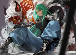 Rule 34 | 1girl, arknights, baggy pants, belt, blurry, boots, breasts, cross-laced footwear, depth of field, detached sleeves, green hair, grin, hair between eyes, hair over one eye, highres, horns, hoshiguma (arknights), hoshiguma (ronin huntress) (arknights), jewelry, lace-up boots, long hair, looking at viewer, necklace, nima (niru54), official alternate costume, oni, pants, pants tucked in, shield, single horn, sitting, skin-covered horns, smile, solo, yellow eyes