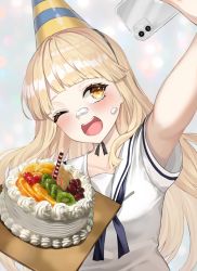 Rule 34 | 1girl, ;d, artist request, bad id, bad twitter id, bang dream!, blonde hair, blouse, blue neckerchief, blush, breasts, cake, candle, cellphone, check artist, commission, cream, cream on face, food, food on face, hanasakigawa school uniform, happy birthday, hat, head tilt, highres, holding, holding cake, holding food, holding phone, long hair, medium breasts, neckerchief, one eye closed, open mouth, party hat, phone, sailor collar, school uniform, selfie, serafuku, shirt, short sleeves, sidelocks, smartphone, smile, solo, standing, taking picture, teeth, tsurumaki kokoro, ueng, upper body, upper teeth only, white shirt, yellow eyes