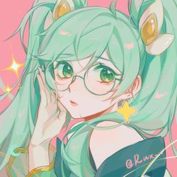 Rule 34 | 1girl, absurdres, bare shoulders, blush, earrings, glasses, green eyes, green hair, hair ornament, hand up, highres, jewelry, league of legends, long hair, long sleeves, looking at viewer, red background, round eyewear, ruan chen yue, solo, sona (league of legends), sparkle, star (symbol), star earrings, star guardian sona, twintails