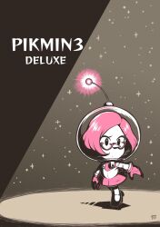 Rule 34 | 1girl, alien, black background, black eyes, brittany (pikmin), commentary request, copyright name, eyelashes, glasses, gloves, helmet, highres, miniskirt, nintendo, parted lips, pikmin (series), pikmin 3, pink-framed eyewear, pink gloves, pink hair, pink light, pink skirt, pointy nose, radio antenna, shadow, short hair, signature, skirt, solid oval eyes, space helmet, spacesuit, sparkle, spotlight, tiptoes, triangular eyewear, whistle, yamato koara
