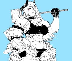 Rule 34 | 1girl, abs, arknights, bare shoulders, bb (baalbuddy), biceps, blue background, breasts, cleavage, closed mouth, commentary, cowboy shot, english commentary, english text, gloves, hammer, hand up, highres, holding, holding hammer, horns, jacket, large breasts, long hair, mudrock (arknights), mudrock (elite ii) (arknights), muscular, muscular female, navel, off shoulder, one eye closed, over shoulder, red eyes, simple background, solo, spot color, standing, tank top, weapon, weapon over shoulder, white background