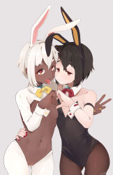 Rule 34 | 2girls, absurdres, animal ears, artist name, asymmetrical docking, bandaid, bandaid on pussy, black legwear, black leotard, black vs white, breast press, breasts, closed mouth, commentary request, copyright request, cowboy shot, dark-skinned female, dark skin, detached collar, fake animal ears, female focus, grey background, heart, heart-shaped pupils, heart hands, heart hands duo, highres, jitome, leotard, looking at viewer, meme attire, multiple girls, nail polish, navel, pantyhose, piercing, playboy bunny, rabbit ears, red nails, red neckwear, reverse bunnysuit, reverse outfit, short hair, shrug (clothing), siblings, signature, simple background, small breasts, standing, star-kiss, symbol-shaped pupils, tan, tongue, tongue out, tongue piercing, twins, v, white legwear, wrist cuffs, yellow nails, yellow neckwear