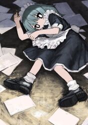 Rule 34 | 1girl, absurdres, apron, black eyes, bright pupils, closed mouth, collared dress, commentary request, dress, expressionless, footwear request, frilled apron, frills, green hair, hand up, highres, holding, holding pen, light blush, looking at viewer, looking down, lying, maid, maid apron, maid headdress, on ground, on side, original, paper, pen, shii595, shoes, short dress, short sleeves, sleeve cuffs, solo, white pupils