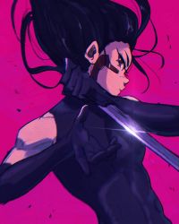 Rule 34 | 1girl, alaylays, black bodysuit, black gloves, black hair, bodysuit, commentary, elbow gloves, english commentary, facial mark, falling, alita, gloves, battle angel alita, highres, holding, holding sword, holding weapon, pink background, reverse grip, short sword, skin tight, solo, sword, weapon