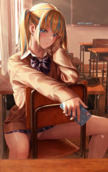 Rule 34 | 1girl, absurdres, banana oekaki, bare legs, black bow, black bowtie, blonde hair, blue eyes, blue hair, blush, bow, bowtie, cellphone, chalkboard, classroom, desk, diagonal-striped bow, diagonal-striped bowtie, diagonal-striped clothes, ear piercing, earrings, gyaru, highres, holding, holding phone, indoors, jewelry, long hair, long sleeves, miniskirt, multicolored hair, original, panties, pantyshot, parted lips, phone, piercing, plaid, plaid skirt, school uniform, sitting, skirt, sleeves past wrists, smartphone, solo, spread legs, striped clothes, sweater, thighs, twintails, two-tone hair, underwear, white panties