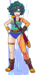 Rule 34 | 1girl, asymmetrical clothes, boots, breasts, circlet, curly hair, dragon quest, dragon quest iv, earrings, english text, full body, gloves, green hair, heroine (dq4), jewelry, leotard, looking at viewer, medium breasts, open mouth, purple eyes, smile, solo, square enix, standing, sword, weapon, yuuna (alexi)
