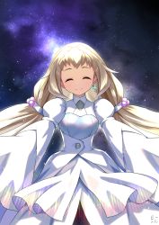 Rule 34 | 1girl, absurdres, bettle (b s a n), blonde hair, dress, earrings, eve (gundam build divers re:rise), closed eyes, facing viewer, gundam, gundam build divers, gundam build divers re:rise, hair ornament, highres, jewelry, long hair, long sleeves, puffy long sleeves, puffy sleeves, sky, sleeves past fingers, sleeves past wrists, smile, solo, standing, star (sky), starry sky, very long hair, white dress