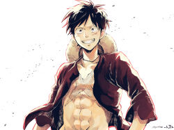 Rule 34 | 1boy, abs, amane (yukiango69), arms at sides, black hair, blush, collarbone, grin, hat, hat on back, highres, looking at viewer, male focus, monkey d. luffy, one piece, open clothes, open shirt, red shirt, scar, scar on chest, scar on face, shirt, short hair, signature, smile, solo, straw hat, toned, toned male, upper body, white background