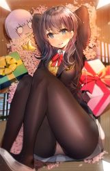 Rule 34 | 1girl, arms up, bad id, bad pixiv id, black jacket, black pantyhose, blazer, blue eyes, blurry, blurry background, blurry foreground, bow, box, breasts, brown cardigan, cardigan, collared shirt, commentary request, commission, depth of field, flower, gift, gift box, grey footwear, grey skirt, gridman universe, hair between eyes, jacket, long hair, looking at viewer, medium breasts, open clothes, open jacket, panties, panties under pantyhose, pantyhose, pink flower, pleated skirt, purple hair, red bow, shinjou akane, shirt, shoes, skirt, solo, ssss.gridman, suou-sensei, takarada rikka, underwear, white panties, white shirt