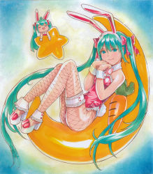 Rule 34 | 1girl, animal ears, aqua hair, blue eyes, blush, bow, crescent, detached collar, fake animal ears, fishnet pantyhose, fishnets, floating hair, from side, full body, hair bow, hairband, hatsune miku, high heels, highres, leotard, long hair, looking at viewer, marker (medium), mayo riyo, mini person, minigirl, nail polish, pantyhose, pink neckwear, platform footwear, playboy bunny, rabbit ears, rabbit girl, rabbit tail, red bow, red leotard, red nails, smile, solo, star (symbol), strapless, strapless leotard, tail, thigh strap, traditional media, very long hair, vocaloid, white hairband