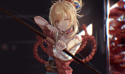 Rule 34 | 1girl, absurdres, aiming, aiming at viewer, arm tattoo, arrow (projectile), blurry, blurry foreground, bow, bow (weapon), chest tattoo, choker, closed mouth, cocona w, collar, collarbone, commentary, dark, depth of field, eyebrows hidden by hair, fighting stance, genshin impact, hadanugi dousa, hair between eyes, hair ornament, hand up, highres, holding, holding arrow, holding bow (weapon), holding weapon, japanese clothes, kimono, light brown hair, long hair, looking at viewer, medium hair, obi, one eye closed, open clothes, open kimono, orange eyes, orange kimono, outstretched arm, ponytail, red collar, rope, sarashi, sash, shimenawa, sidelocks, solo, tattoo, vision (genshin impact), weapon, yoimiya (genshin impact)