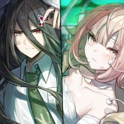 Rule 34 | 1boy, 1girl, absurdres, bandages, blurry, blurry background, blush, breast pocket, breasts, brown eyes, brown hair, closed mouth, collarbone, collared shirt, commentary request, cosplay, danganronpa (series), danganronpa 3 (anime), galaga, green background, green necktie, grey shirt, hair ornament, hand up, heterochromia, highres, hinata hajime, hinata hajime (cosplay), holding, holding hair ornament, kamukura izuru, large breasts, light brown hair, long hair, looking at viewer, medium hair, nanami chiaki, necktie, parted lips, pocket, portrait, shirt, sp0i0ppp, split screen, spoilers, tears, teeth