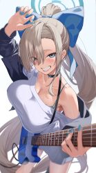 Rule 34 | 1girl, absurdres, asuna (blue archive), black choker, black jacket, blue archive, blue bow, blue eyes, blue halo, blue nails, blush, bow, breasts, choker, cleavage, collarbone, electric guitar, fingernails, grin, guitar, hair bow, halo, highres, holding, holding instrument, instrument, jacket, large breasts, light brown hair, long hair, long sleeves, looking at viewer, mole, mole on breast, nail polish, ojisan kamo shiremasen, open clothes, open jacket, shirt, smile, solo, white shirt