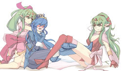 Rule 34 | 3girls, aged up, asphyxiation, blue hair, blush, breasts, cape, closed eyes, dress, dual persona, fingerless gloves, fire emblem, fire emblem: mystery of the emblem, fire emblem: shadow dragon and the blade of light, fire emblem awakening, fire emblem heroes, gloves, green eyes, green hair, hair ornament, hair ribbon, jaegan, jewelry, long hair, lucina (fire emblem), medium breasts, multiple girls, nintendo, open mouth, pointy ears, ponytail, ribbon, short dress, smile, strangling, thighhighs, tiara, tiki (adult) (fire emblem), tiki (fire emblem), tiki (young) (fire emblem), very long hair, white background, yuri