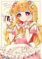 Rule 34 | 1girl, ao (ao0 0nemu), blonde hair, blue bow, bow, character name, closed mouth, commentary request, cowboy shot, crescent print, dress, food, hair bow, hand on own cheek, hand on own face, hands up, happy birthday, highres, holding, holding food, idol clothes, idol time pripara, long hair, looking at viewer, onigiri, pink bow, pink dress, pink sailor collar, pretty series, pripara, purple eyes, ringlets, sailor collar, short sleeves, smile, solo, standing, star (symbol), two side up, wrist cuffs, yumekawa yui