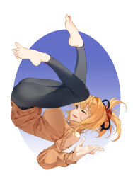 Rule 34 | 1girl, absurdres, alternate costume, ass, barefoot, black pants, breasts, chinese commentary, feet, foot focus, genshin impact, hair ornament, highres, large breasts, legs, long sleeves, one eye closed, orange eyes, orange hair, orange sweater, pants, pingzhuangdesansanhua, smile, spread toes, sweater, toenails, toes, yoimiya (genshin impact)